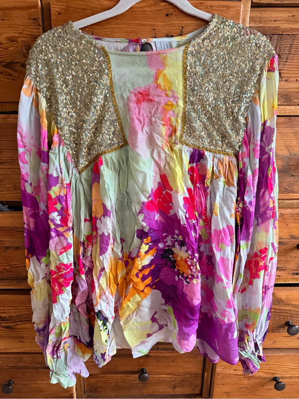 Bl-nk Sequin Yoke Floral Blouse - Pink, Purple & Yellow